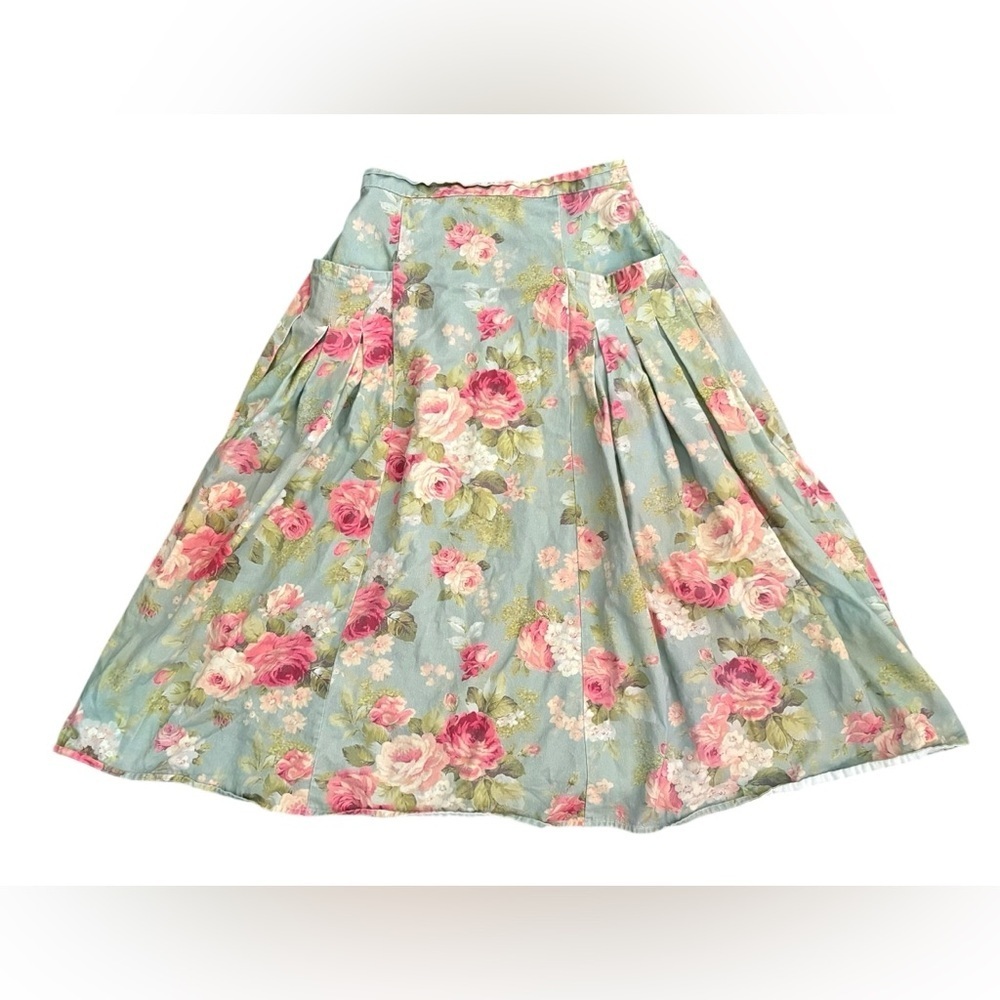 Floral A-Line Midi Skirt in Blue with Pink Rose Print Handmade Pockets - Picture 1 of 3